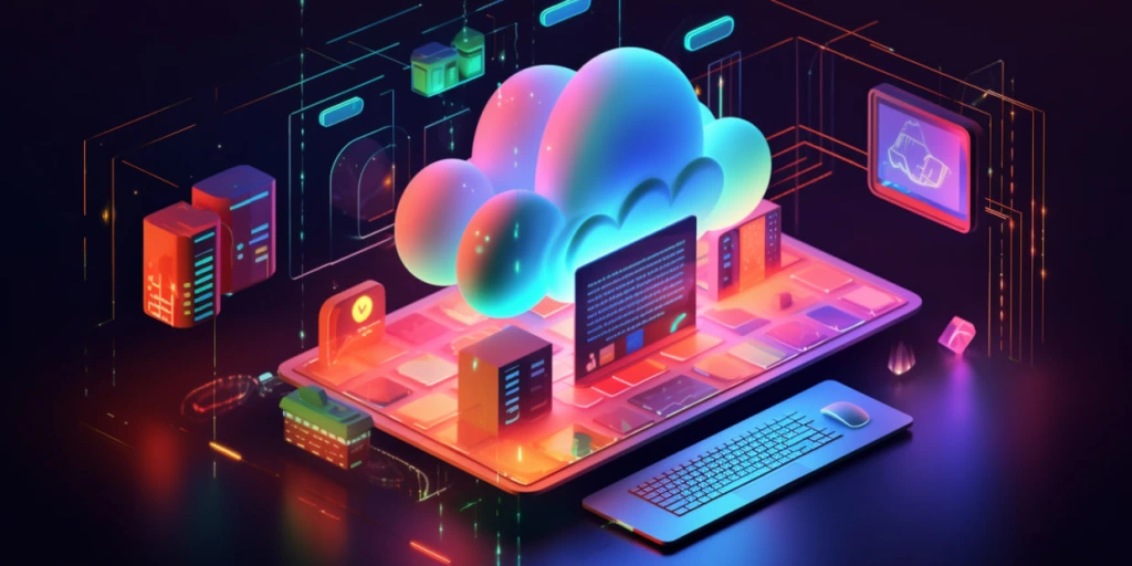 Vibrant 3D illustration of a futuristic cloud-computing workspace